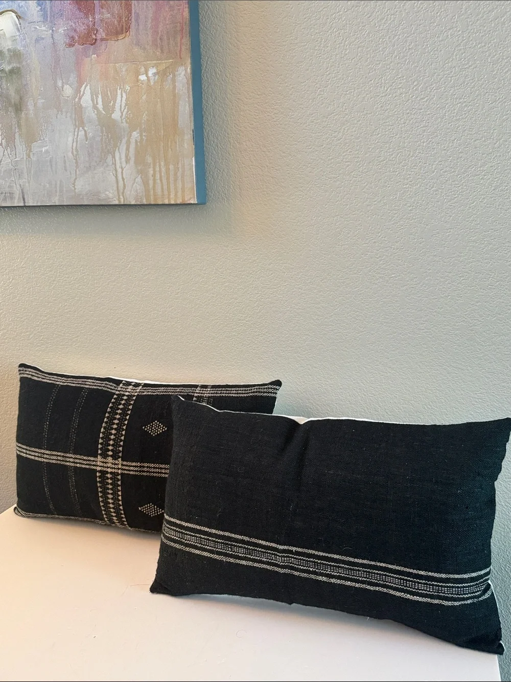 Handwoven Black Decorative Lumbar Wool Pillow Pair White Accents Linen Backing